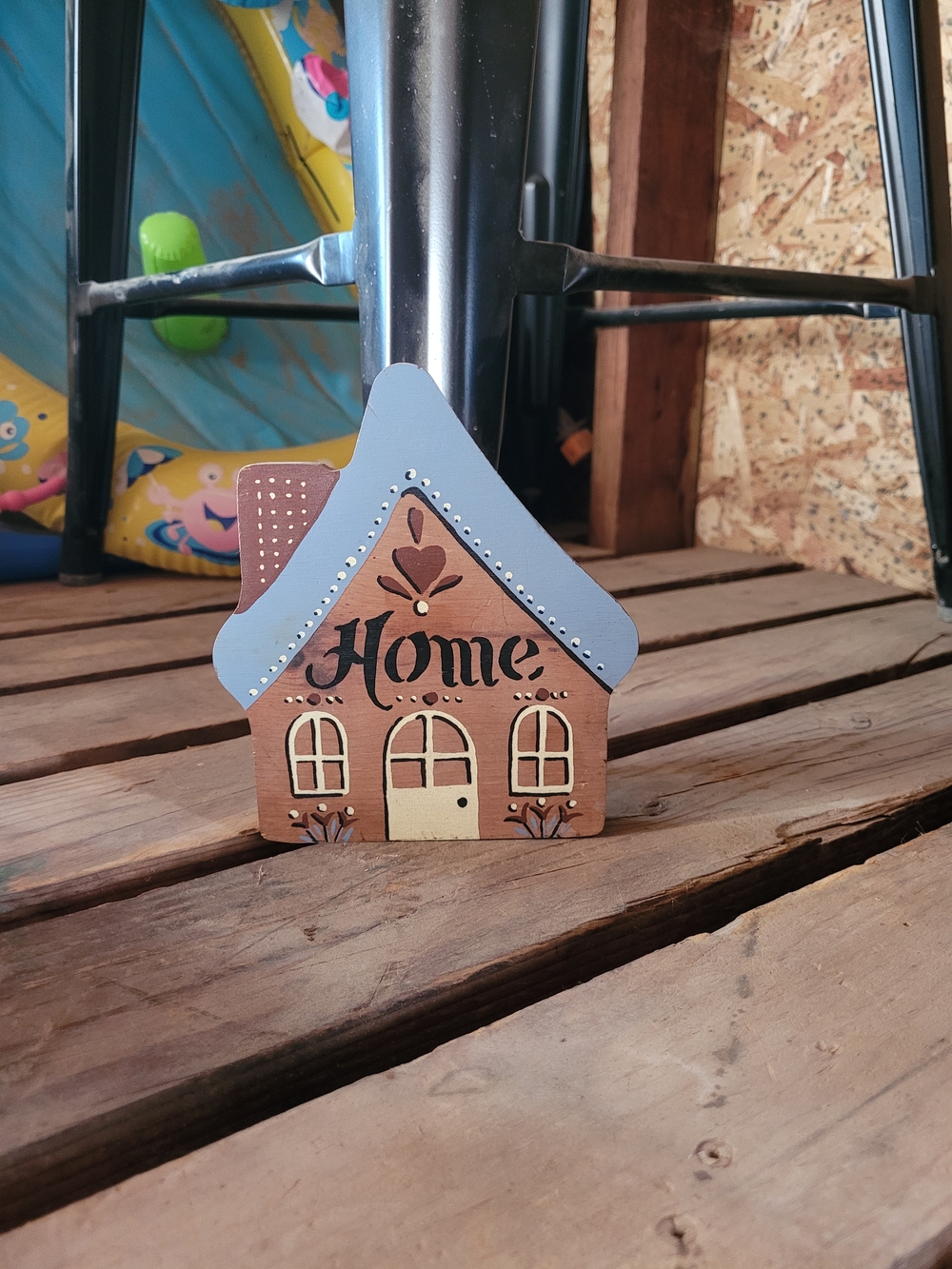 Decorative Wooden 'Home' House Figurine - Blue Roof